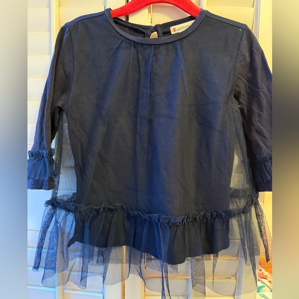EUC Crewcuts navy shirt with tulle overlay and detail on sleeves.